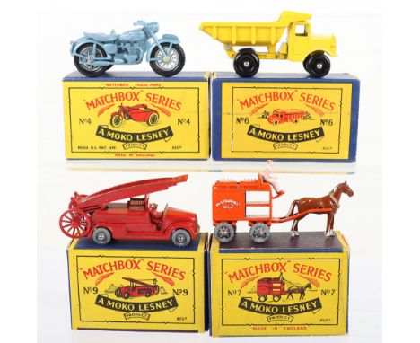 Four Matchbox  Moko Lesney Regular Wheels Models, 4c Triumph Motorcycle & Sidecar, light silver blue body, in type B box, 6b 