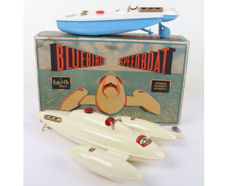 Two Sutcliffe tinplate clockwork model Bluebird Speedboats, 1950s, Bluebird 1 Wonder Speedboat in light blue and white the go
