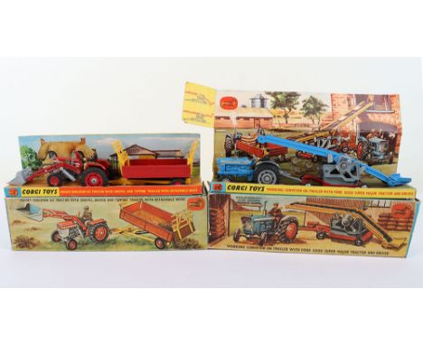 Two Corgi Toys Farm Tractor Gift Sets, GS No 9 Massey Ferguson 165 Tractor with Shovel and Tipping Trailer with detachable ra