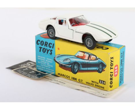 Corgi Toys 324 Marcos 1800 GT with Volvo Engine, white body, two green stripes on bonnet, red interior, with driver, spoked w