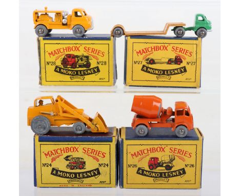 Four Matchbox  Moko Lesney Commercial Regular Wheels Models, 24a Weatherill Hydraulic Excavator, orange body, metal wheels, i