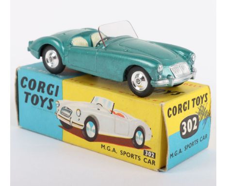 Corgi Toys 302 M.G.A. Sports Car, metallic green body, cream seats, shaped spun wheels, in  mint original condition, yellow/b