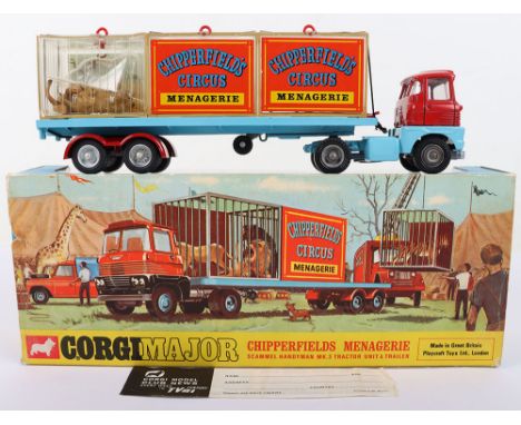 Corgi Major Toys 1139 Chipperfield’s Circus Menagerie Scammel Handyman MK.3 Tractor Unit &amp; Trailer, blue/red body, with t