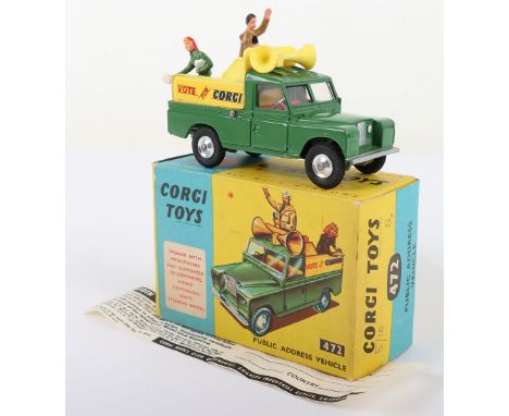 Corgi Toys 472 Land-Rover Public Address Vehicle ‘Vote for Corgi’ green/yellow body, red interior, spun wheel hubs, two figur
