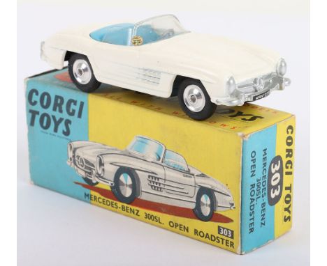 Corgi Toys 303 Mercedes -Benz 300SL Open Roadster, white body, blue interior, shaped spun wheels, clear windscreen, in near m