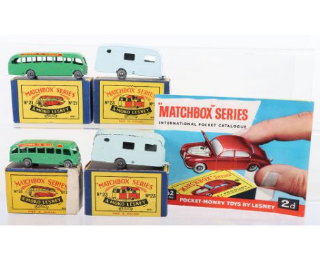 Four Matchbox  Moko Lesney Regular Wheels Models, 21a Long Distance Coach, light green, metal wheels, ‘London To Glasgow, min
