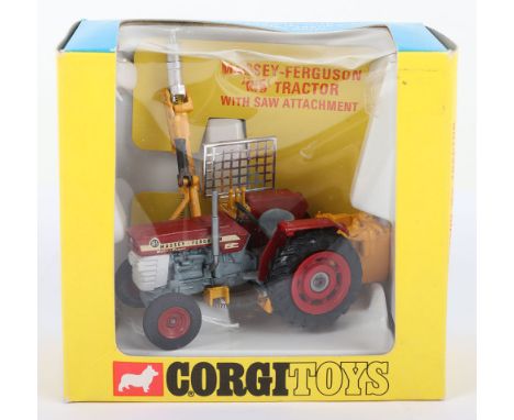 Corgi Toys 73 Massey Ferguson 165 Tractor with Saw Attachment, red/grey/white body, red plastic rear wheel hubs, front red me