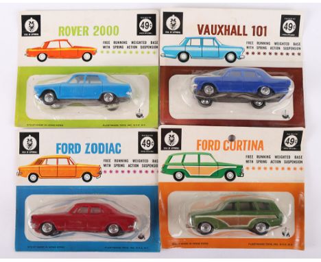 Scarce Fleetwood Toys (Hong Kong) Plastic Models,  Ford Zodiac, Vauxhall 101, Rover 2000 and Ford Cortina Estate, in original