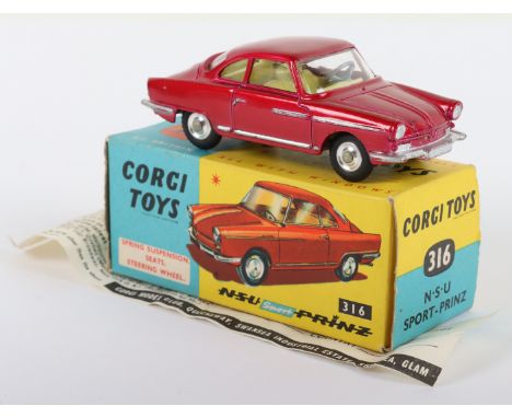 Corgi Toys 316 NSU Sport Prinz, metallic red body, yellow interior, spun wheels in near mint bright original condition, with 