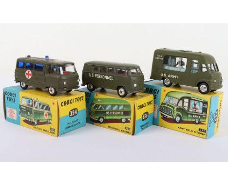 Three Vintage Corgi Toys Military Models, 1. 354 Commer Military Ambulance, military green, red interior, with driver, red cr