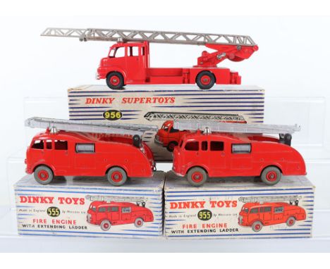 Three Boxed Dinky Toys Fire Engines, 555 Commer Fire Engine, red body, silver ladder, 955 (555)  Commer Fire Engine red body,
