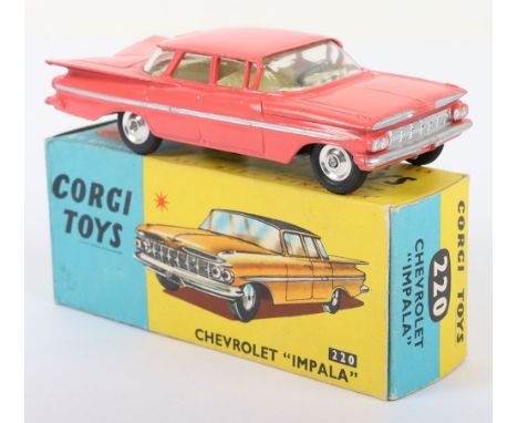 Corgi Toys 220 Chevrolet Impala, pink body, lemon interior, shaped spun wheels, in mint original condition, blue/yellow pictu