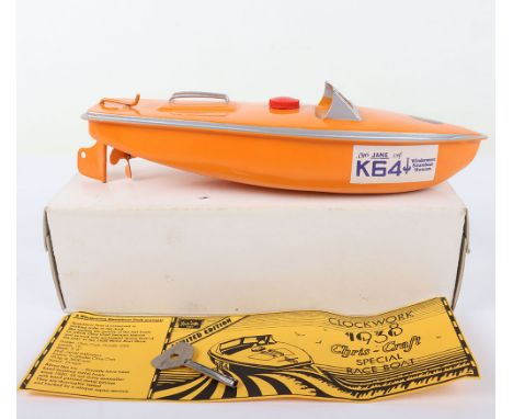 Rare Limited Edition Sutcliffe tinplate clockwork model K64 Speedboat Jane, circa 1978, orange with silver line and paper lab