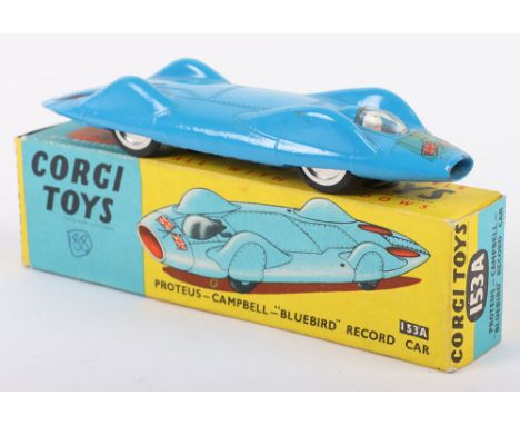 Corgi Toys 153 Proteus Campbell “Bluebird” Record Car, blue body, crossed Union jack/USA flags decal on nose, spun aluminium 