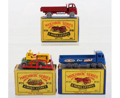 Three Matchbox  Moko Lesney Regular Wheels,18a Caterpillar Bulldozer yellow body, metal rollers, red blade, in near mint, wit