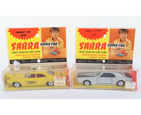 Two Boxed Sabra (Israel) 1/43 scale USA Super Cars, 8116 Chevrolet Taxi, yellow body, red interior, with road sign and 8119 P