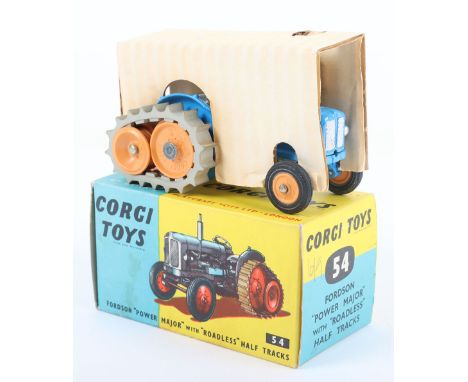 Corgi Toys 54 Fordson “Power Major” Tractor with Roadless Half Tracks, blue body, light orange plastic rollers/wheels, grey r