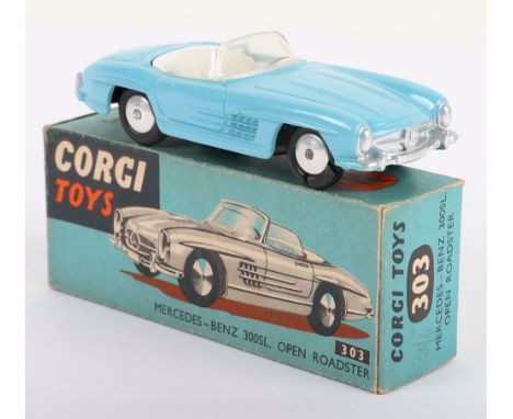 Corgi Toys 303 Mercedes -Benz 300SL Open Roadster, pale blue body, white interior, flat spun wheels, clear windscreen, in min