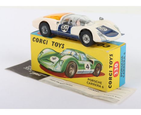 Corgi Toys 330 Porsche Carrera 6, white body, blue doors/bonnet, racing no 60, yellow engine cover, cast wheels, black interi