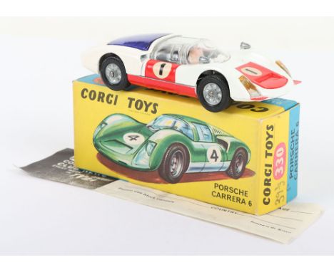 Corgi Toys 330 Porsche Carrera 6, scarce racing no 1, white body, red doors/bonnet, blue engine cover, cast wheels, black int