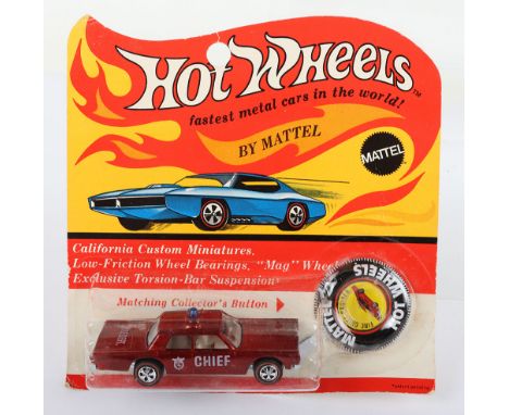 Hot Wheels Redline By Mattel 6269 Fire Chief Cruiser, car made in USA, button made in Hong Kong, printed in USA, spectraflame