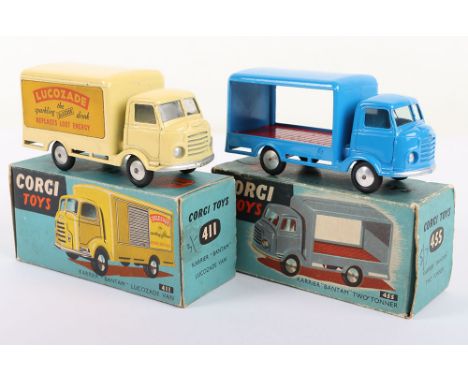 Two Corgi Toys Karrier Bantam Vans, 411 Karrier Bantam Lucozade Van, pale yellow body, flat spun wheels, in near mint origina