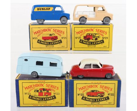 Four Matchbox  Moko Lesney Regular Wheels Models, 22a Vauxhall Cresta,red body, white roof, metal wheels, in mint original co