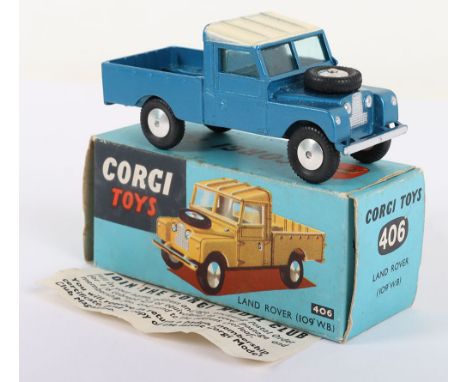 Corgi Toys 406 Land-Rover (109’WB) metallic blue body, cream roof, flat spun wheels in near mint original condition, early bl