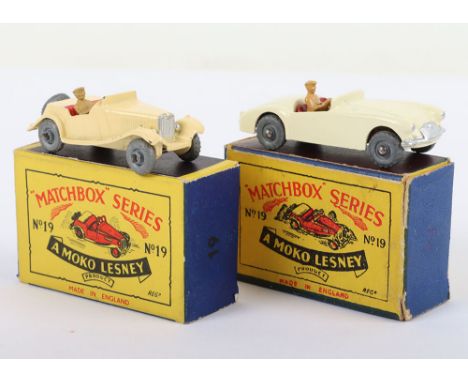 Two Matchbox  Moko Lesney Regular Wheels MG Sports Car Models, 19a MG Sports Car, cream body, metal wheels, silver trim, in n