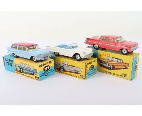 Two Boxed Vintage Corgi  USA Cars, 215 Ford Thunderbird Open Sports, white body, silver/blue interior, clear windscreen, flat