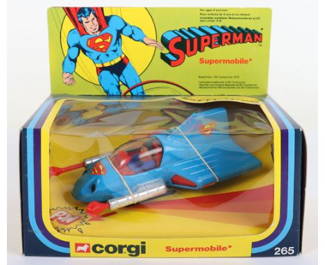 Corgi 265 Superman Rocket Firing Supermobile, blue/red body, Superman figure with moving fists, ten missiles on plastic sprue