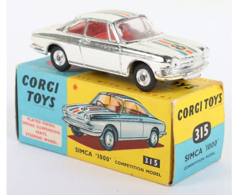 Corgi Toys 315 Simca ‘1000’ Competition, chrome plated body, red interior, spun wheel hubs, red/blue/white stripe no ‘8’ in n
