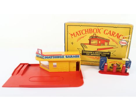 Matchbox Garage Showroom & Service Station, red base/roof sign, yellow building and  No1 Accessory Pack, Esso petrol pump set