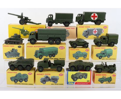 A Quantity of Dinky Toys Military Models, 152a Light Tank, 622 10-Ton Army Truck,  623 Army Covered wagon, 626 Military Ambul