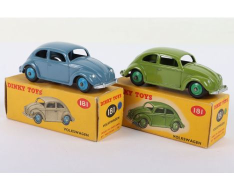 Two Dinky Toys 181 Volkswagen Saloons, 1.blue grey body, mid blue hubs, in near mint original condition, 2. Lime green body, 