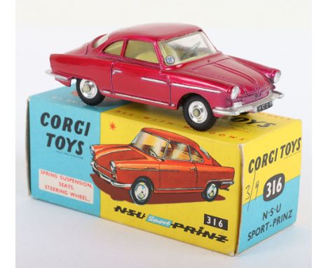 Corgi Toys 316 NSU Sport Prinz, metallic red body, yellow interior, spun wheels in near mint bright original condition, with 