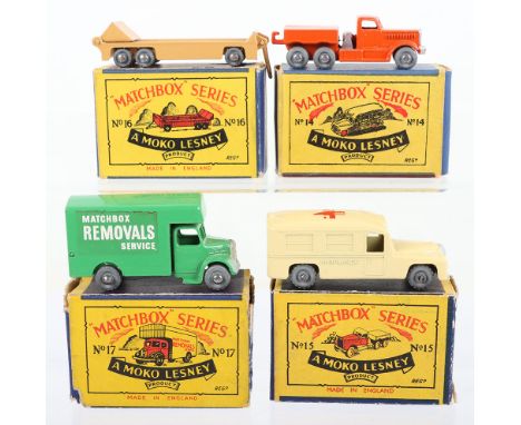 Four Matchbox  Moko Lesney Regular Wheels Models, 14b Daimler Ambulance, cream body, metal wheels, in near mint condition, re