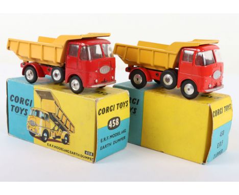 Two Corgi Toys 458 E.R.F. Model 64G Earth Dumpers, 1. Red/yellow, with flat spun wheel hubs, brass hydraulic block, in mint o