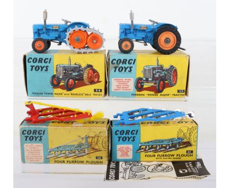 Two Corgi Toys Fordson Power Major Tractors, 54 Fordson Power Major with Roadless Half Tracks, blue body, orange plastic roll