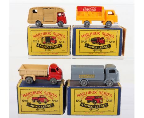 Four Matchbox  Moko Lesney Commercial Regular Wheels Models, 35a ERF Marshall Horse Box, red cab, tan box, metal wheels, in g