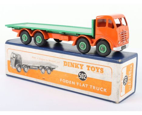 Dinky Supertoys 502 Foden Flat Truck, 2nd type cab, burnt orange cab/chassis, mid green flatbed/ wheel hubs, in mint bright o