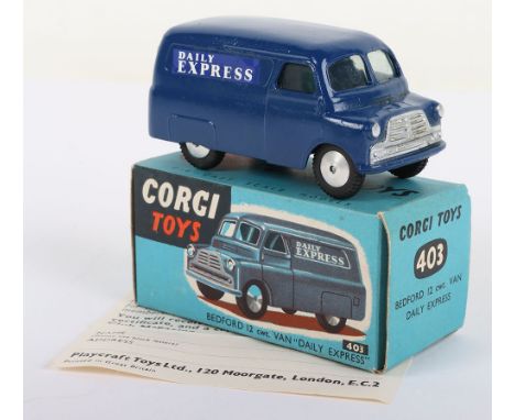 Corgi Toys 403 Bedford Van Daily Express, dark blue body, silver trim, flat spun wheels in mint original condition, early pic