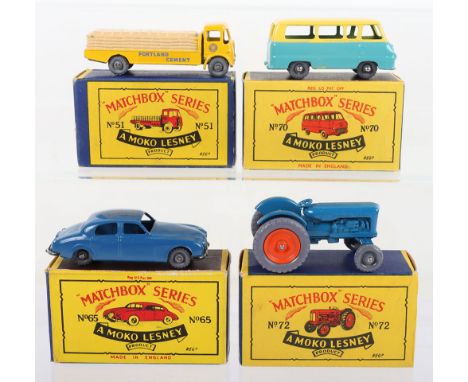 Four Matchbox  Moko Lesney Regular Wheels Models, 51a Albion Chieftan, yellow body, Portland Cement, decals, metal wheels, in