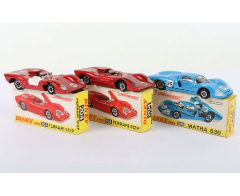 Three Boxed Dinky Toys Le Mans Cars, 200 Matra 630, blue body, racing number 36, speedwheels, 204 Ferrari 312P metallic red b