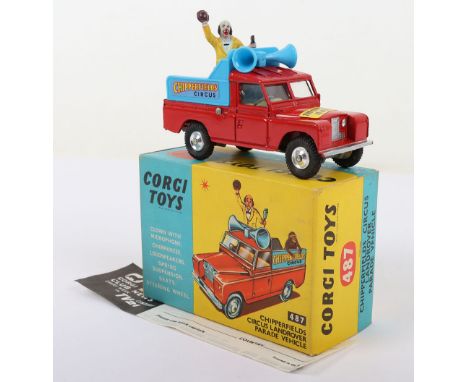 Corgi Toys 487 Chipperfield’s Circus Landrover Parade Vehicle, red body, yellow interior, blue plastic rear body, shaped spun