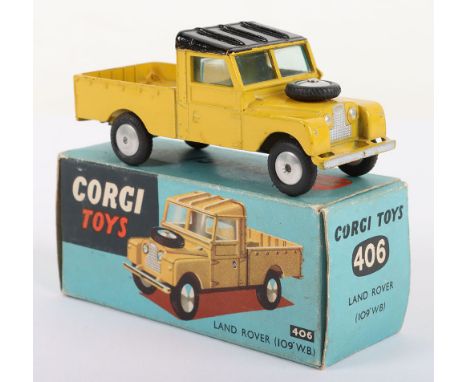 Corgi Toys 406 Land Rover, (109’WB) yellow body, black roof, flat spun wheels in near mint original condition, early picture 