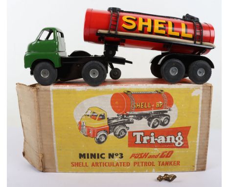 Tri-ang Minic No 3 Push and Go Tin plate Bedford S Shell Articulated Petrol Tanker, green cab, black chassis, red Tank, Shell