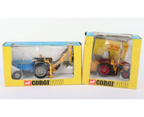 Two Corgi Toys Boxed Tractors, 72 Ford 5000 Super Major Tractor, with trenching bucket, blue/grey/silver, with driver, grey p