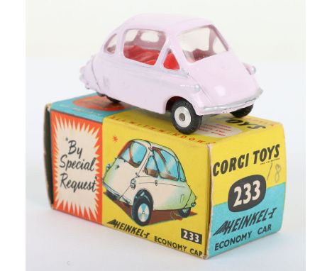 Corgi Toys 233 Heinkel Economy Car, pink body, red interior, flat spun wheels, in near mint original condition, blue/yellow p
