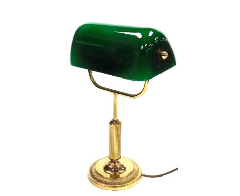 A brass angular table lamp, with a green and white glass shade, 37cm high.Buyer Note: WARNING! This lot contains untested or 